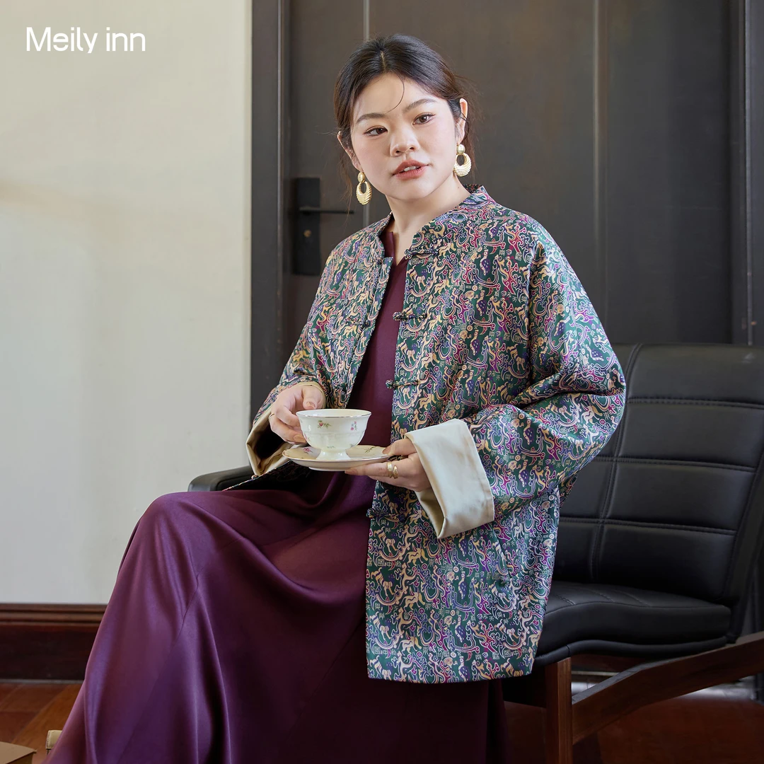 美丽客栈2025秋冬新款大码女装高端定制蜀锦真丝新中式国风棉服女