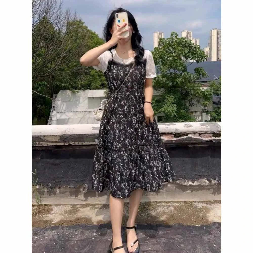 法式气质减龄碎花拼接假两件连衣裙女2025夏季新款收腰显瘦中长裙