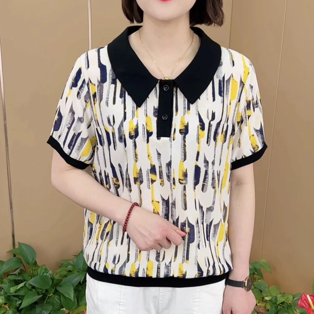 夏季新款时尚洋气妈妈装宽松显瘦减龄休闲百搭薄款短袖上衣K6383