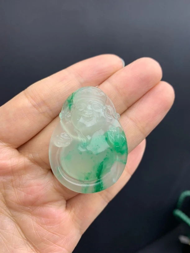 源头批发纯天然A货独龙玉非洲翠高冰飘花财神挂件