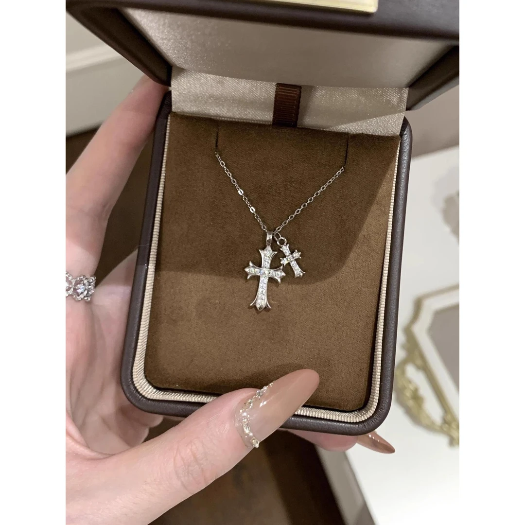 坠链均足银 双十字架项链女款2025新款轻奢小众配饰品精美时尚