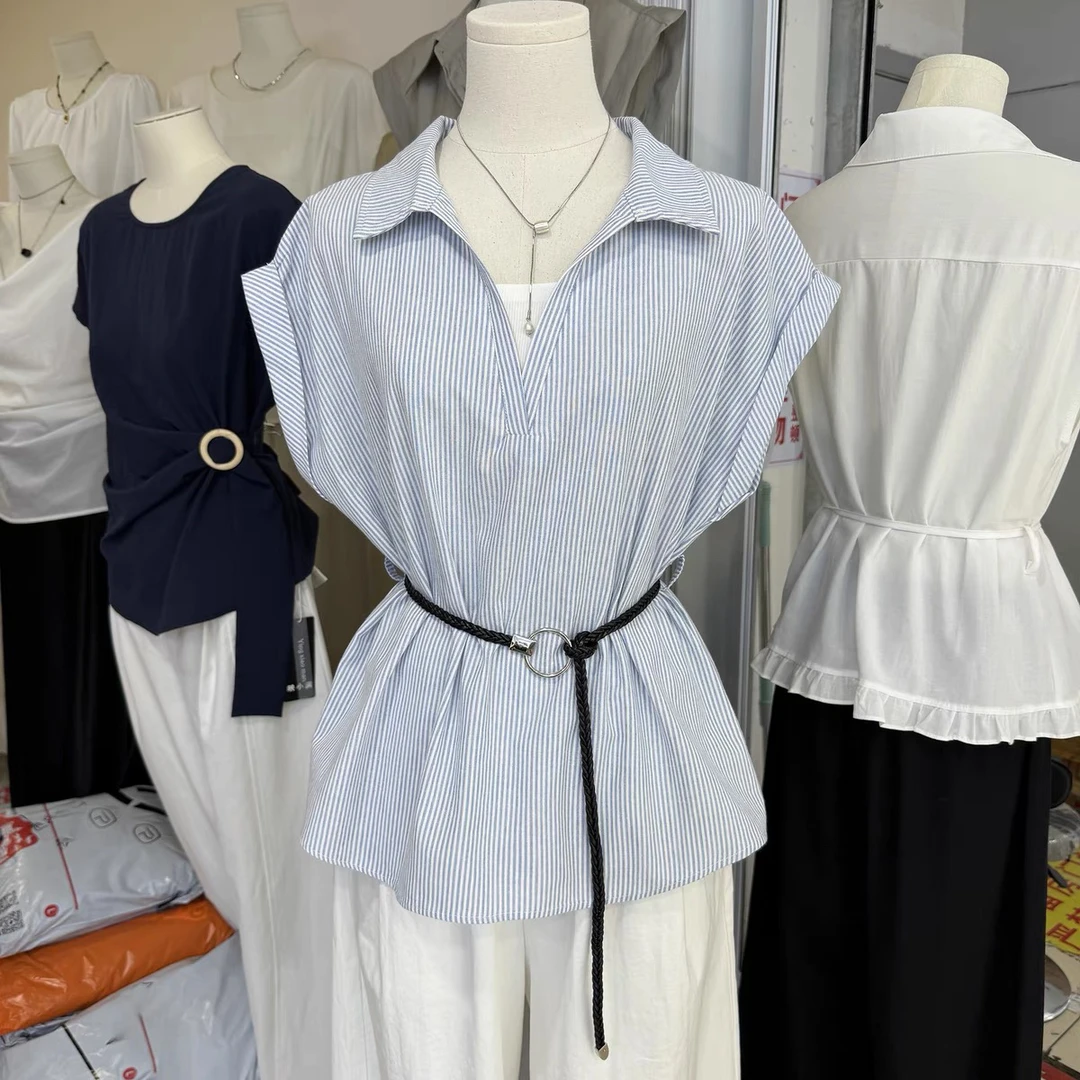 假两件拼接Polo领腰带收腰衬衫韩系气质女夏条纹短袖衬衣小衫
