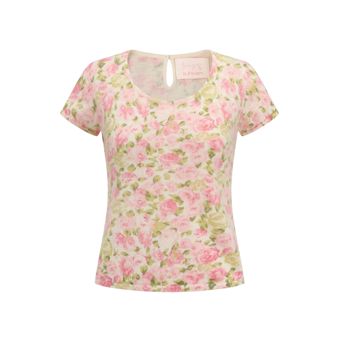 yeye by b.Fleurs 新款法式复古圆领玫瑰花印花修身针织短袖