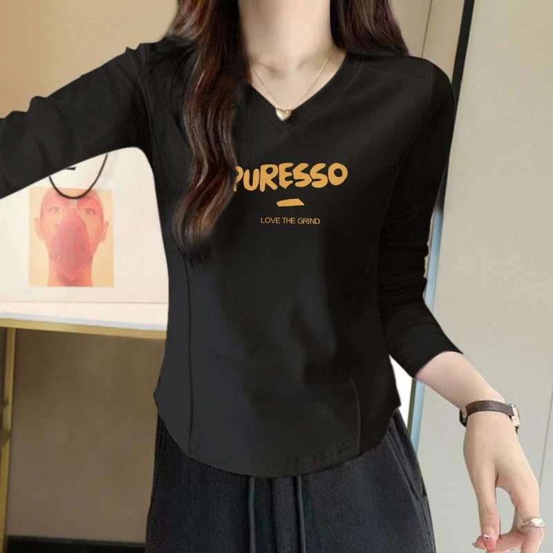 正肩V领长袖T恤女春秋纯棉显瘦洋气设计感短款小个子打底衫上衣