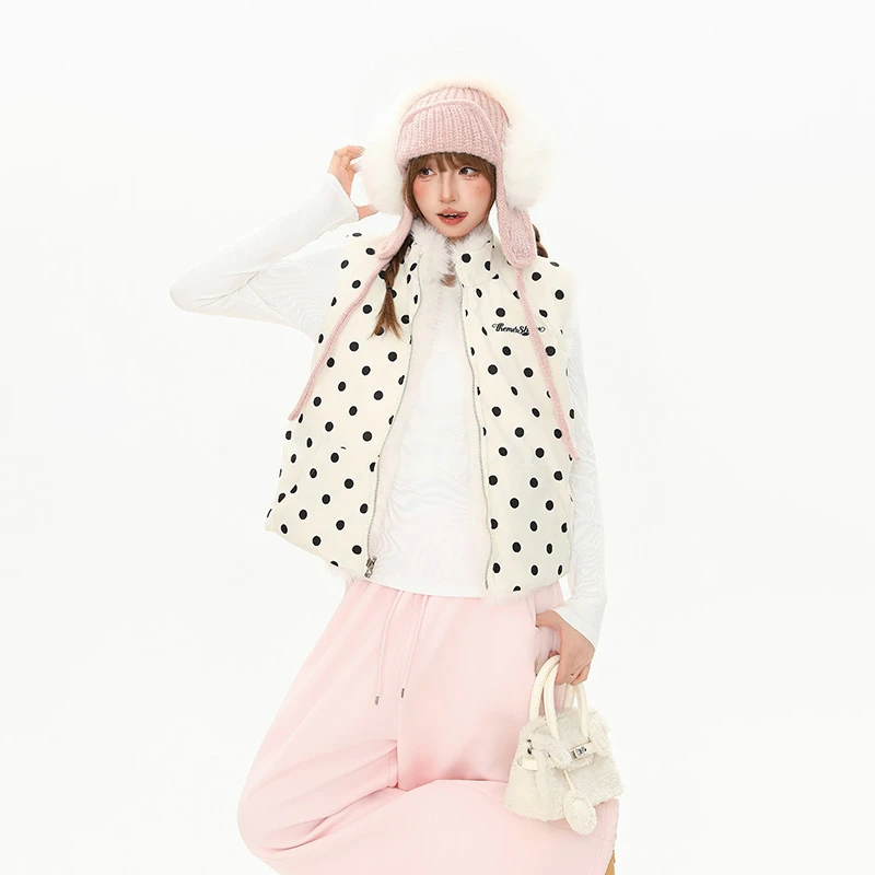 YIKOJIA甜美风两面穿波点格纹棉服马甲毛内胆保暖宽松韩系保暖