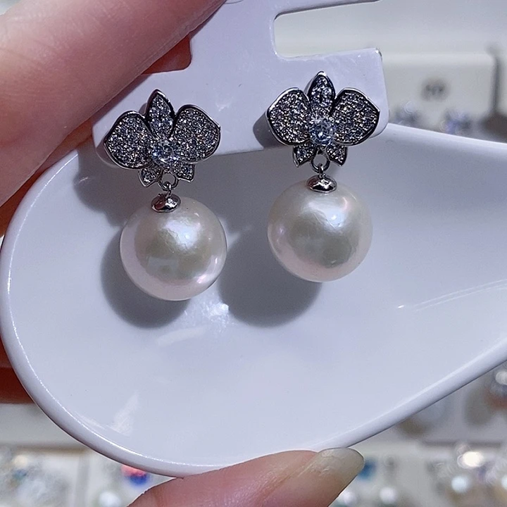 耳饰银S925镶嵌淡水珍珠12+A