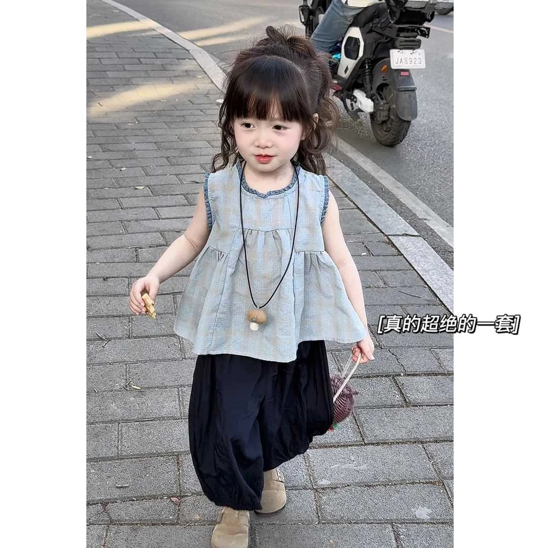 女宝夏季绝美套装2025新款儿童炸街韩版花边背心洋气阔腿裤两件薄