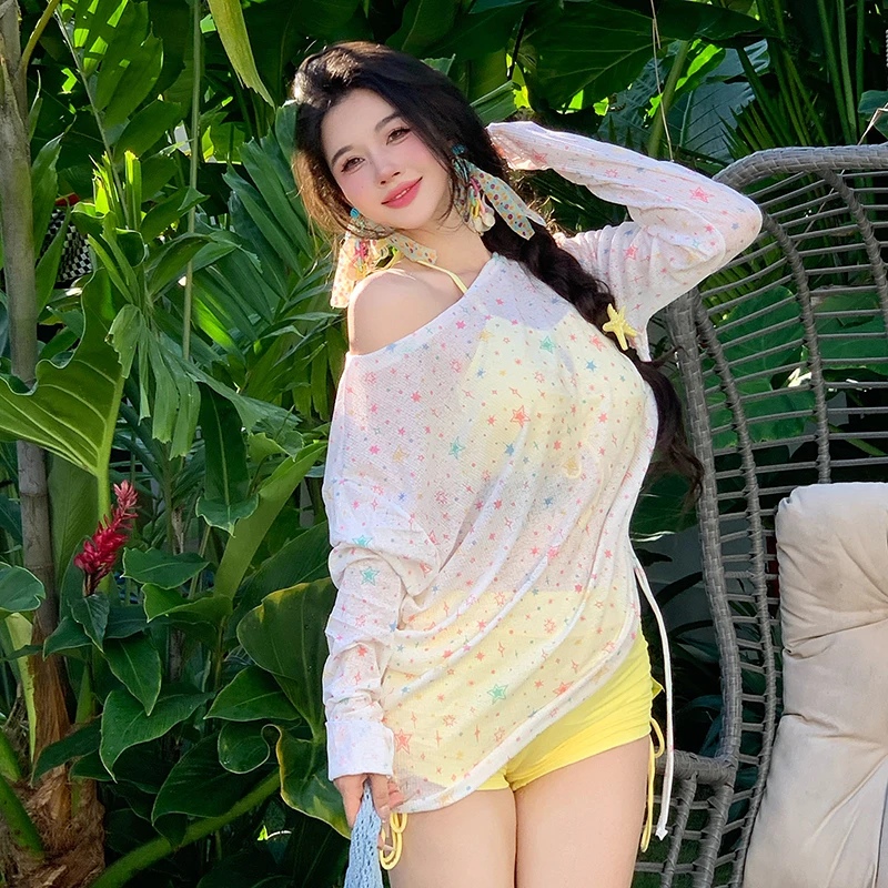 纯欲高级感泳衣女分体三件套宽松罩衫遮肉显瘦度假泡温泉大码胖mm