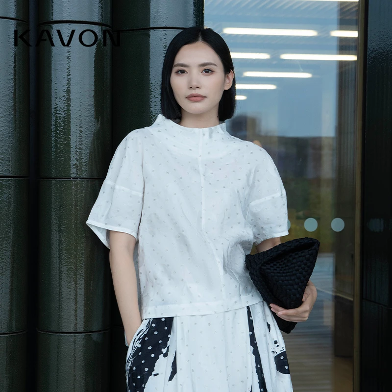 【晨粉专享价】气质风连立领波点落肩袖侧开叉不对称衬衫KM2D456HA