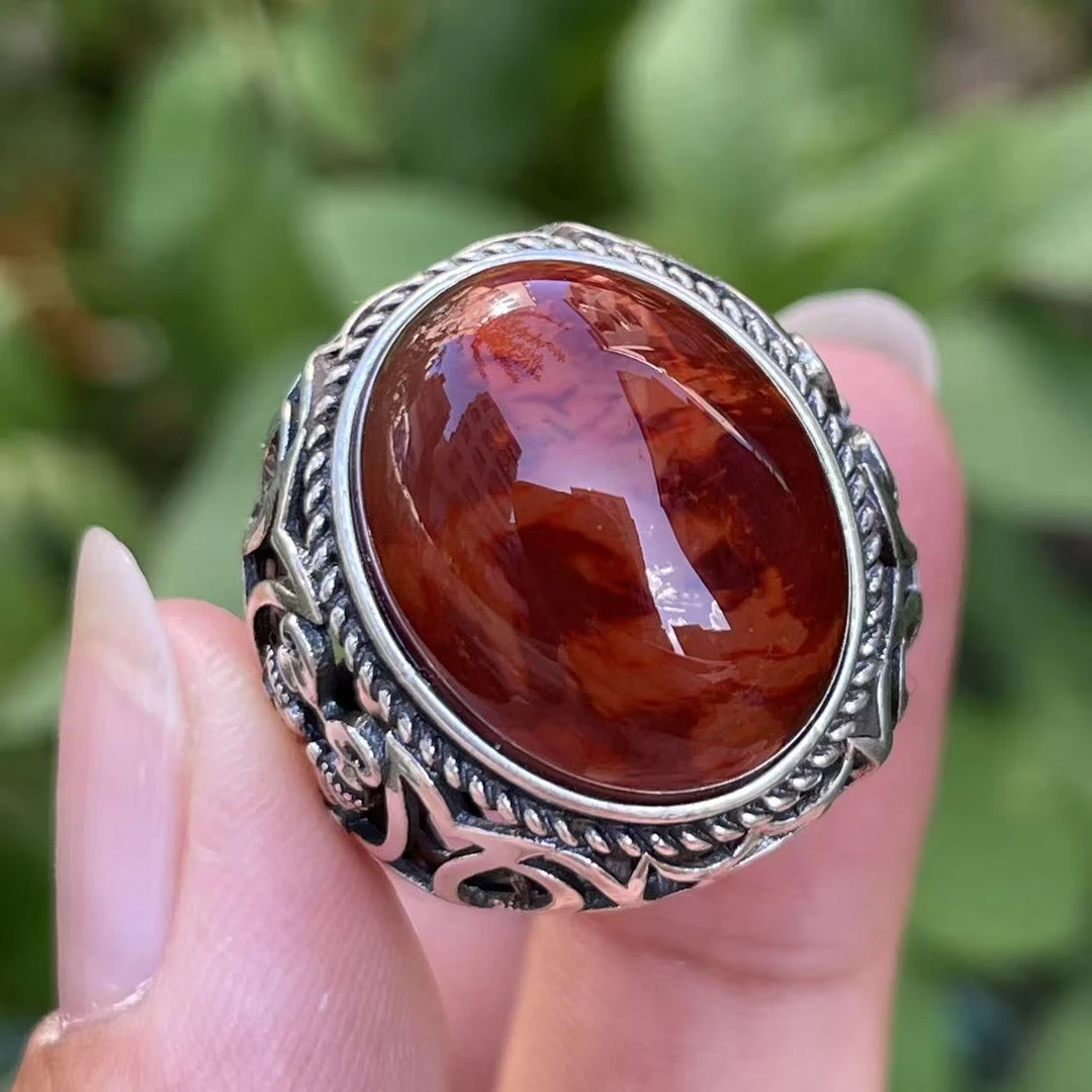 传承全品级 南红瓦西男戒牛血红火焰妖花 S925银镶嵌 18*14.2*12