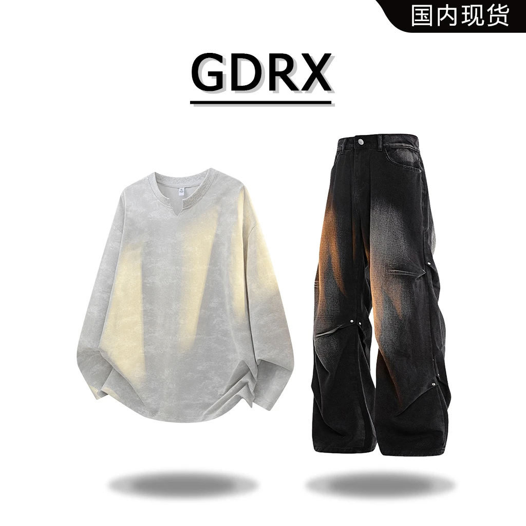 GDRX春秋扎染长袖T恤套装男士宽松休闲时尚潮流褶皱痞帅牛仔长裤