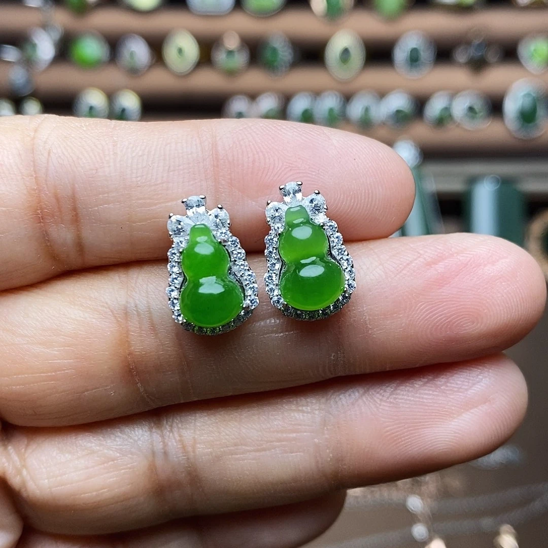 吊坠(不含链)银S925镶嵌和田玉（碧玉）耳饰