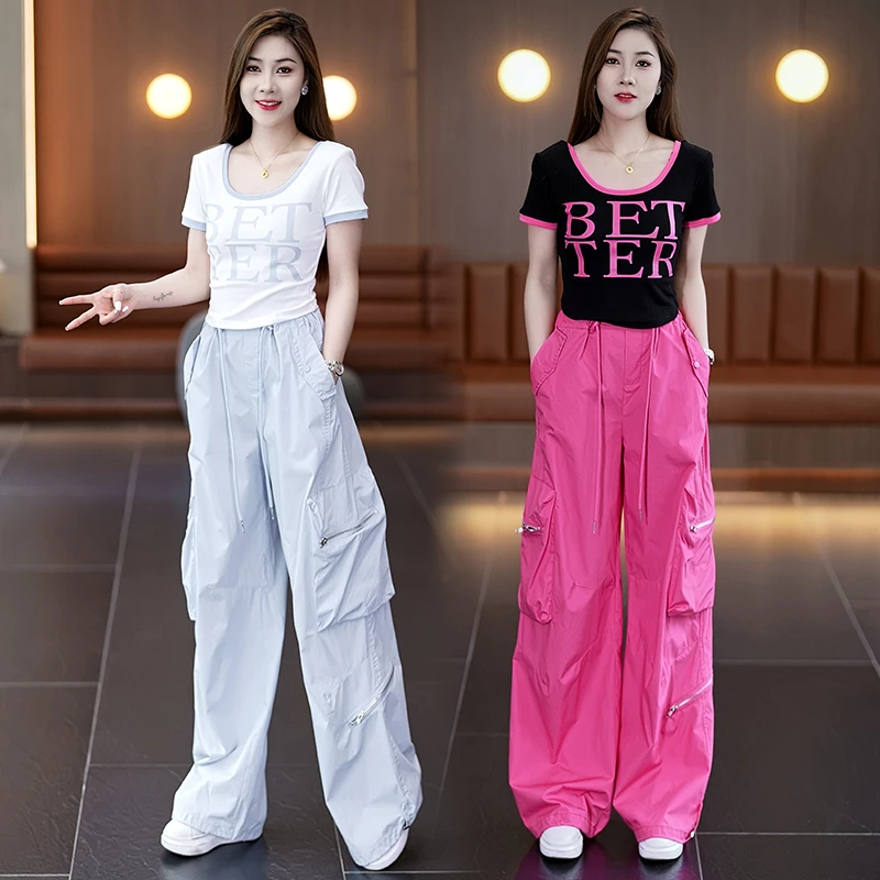 多巴胺速干工装裤女夏新款高腰时尚运动休闲潮酷短袖阔腿裤两件套