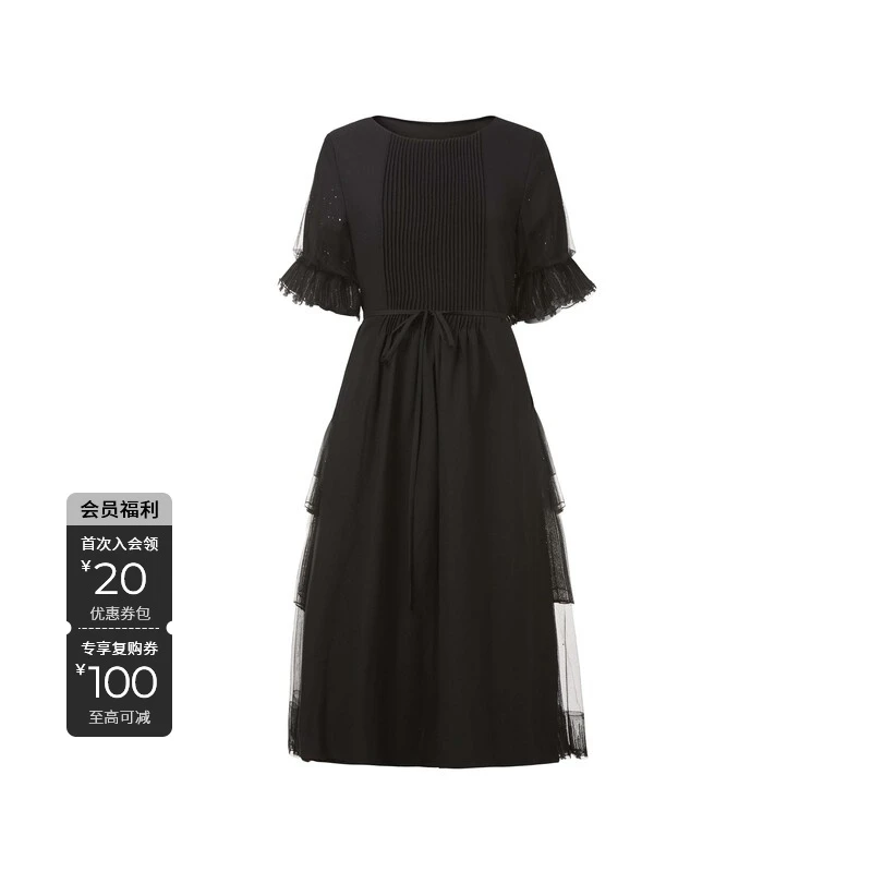 S·DEER圣迪奥夏季女装连衣裙黑色圆领时尚泡泡袖连衣裙S242Z1241