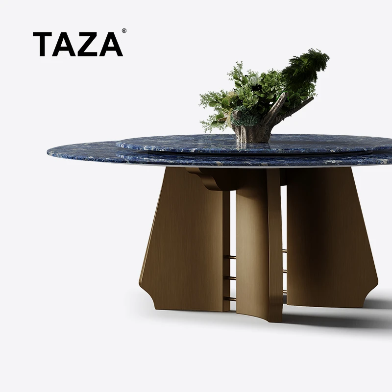 TAZA景泰蓝奢石餐桌别墅大宅全屋搭配高奢大理石带转盘圆餐桌A116