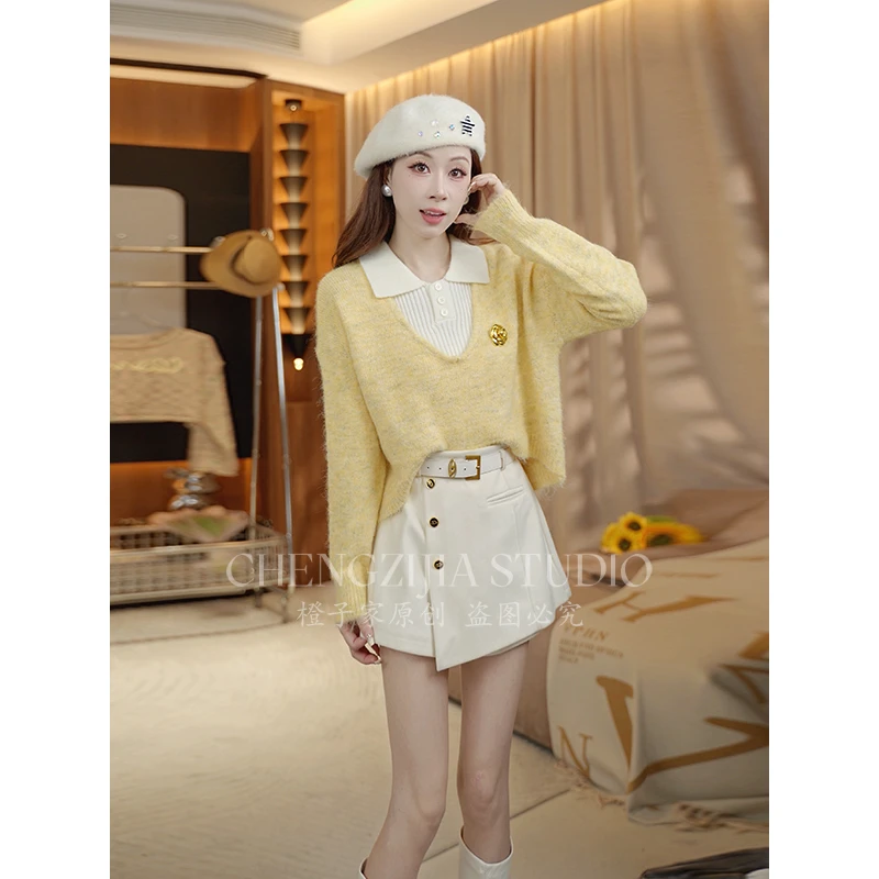 【裴诗婷】TZ00036翻领纽扣背心V领外套两件套套装