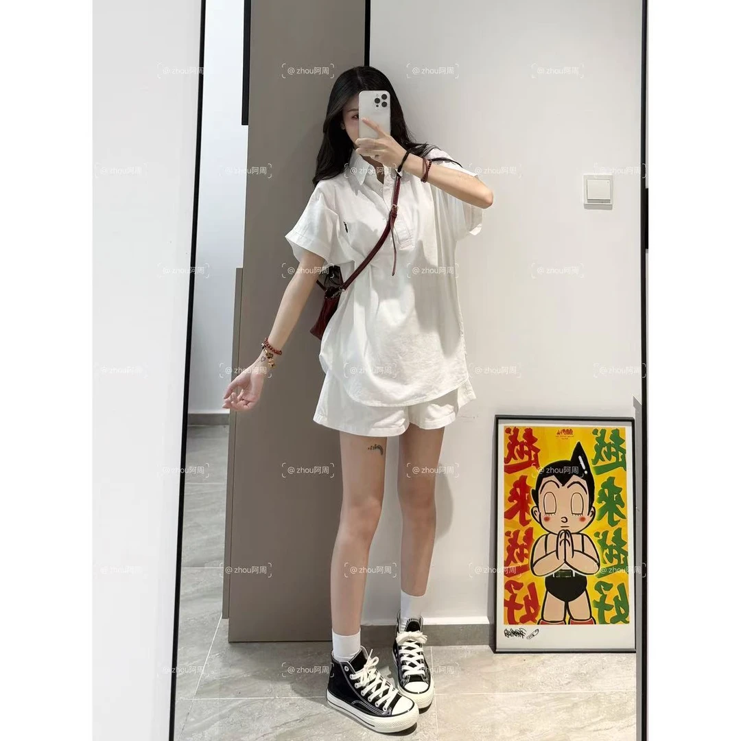 2025老钱感套装薄款刺绣显瘦套装宽松时尚百搭翻领半袖polo领套装