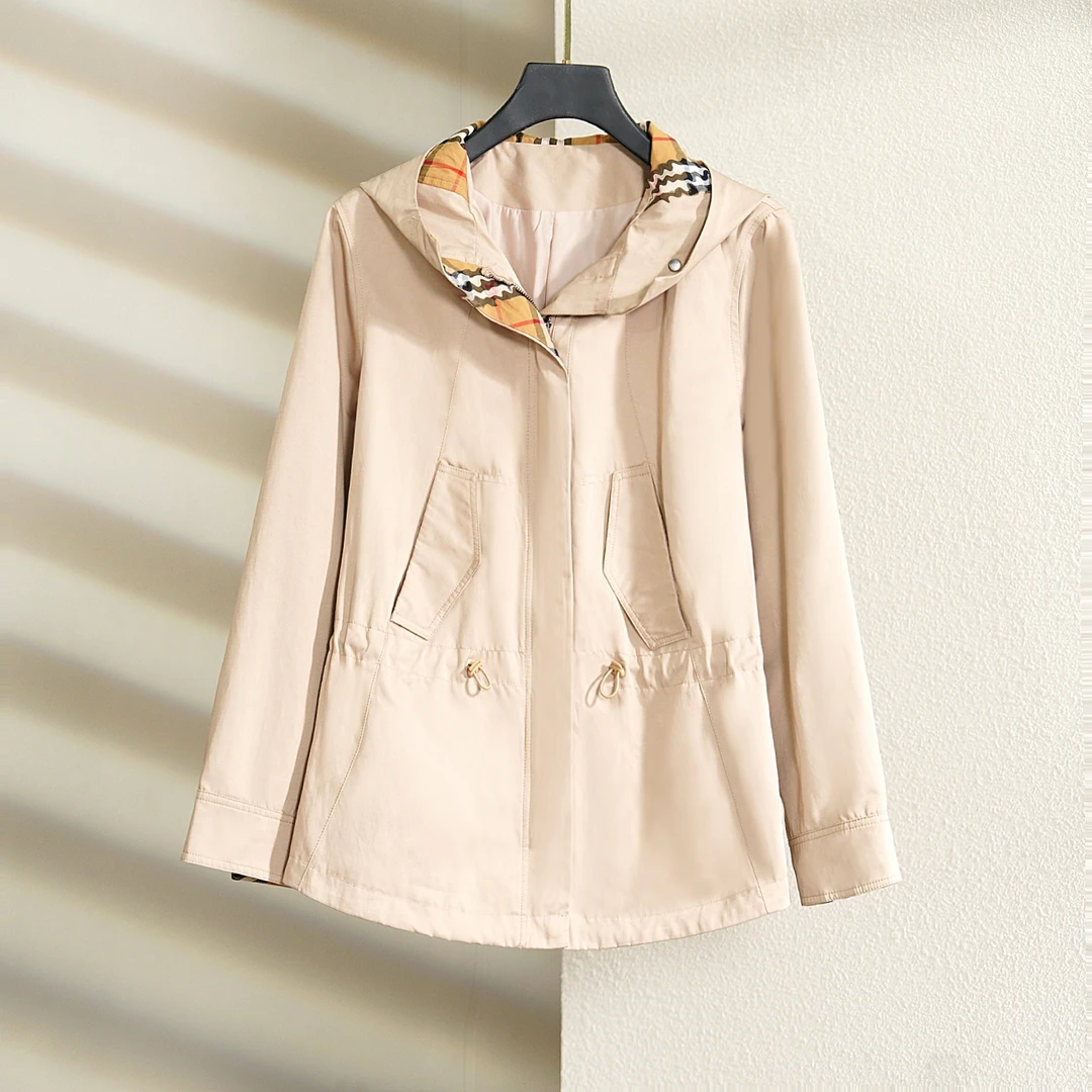 【春季上新】秋季韩版格子设计抽绳显瘦连帽风衣外套BQ4213 衣长67