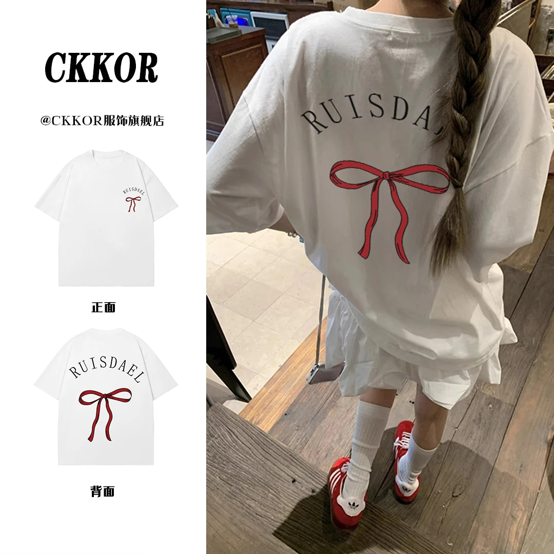 CKKOR复古休闲蝴蝶结印花夏季短袖女T恤韩版圆领宽松潮流百搭上衣