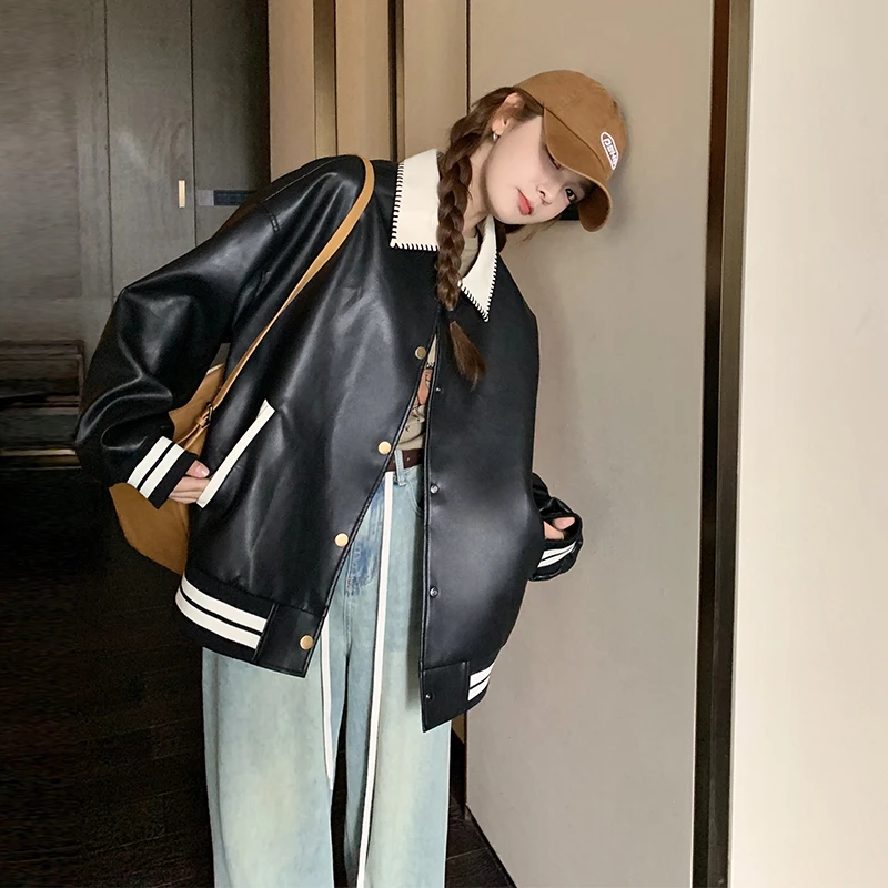 黑色撞色翻领皮衣外套女2025春季新款高级感小个子宽松PU短款夹克