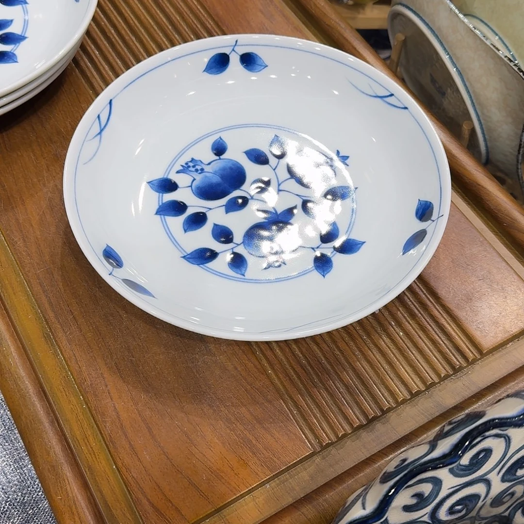 硬质细瓷蓝凛堂22公分石榴饭盘微瑕一只装