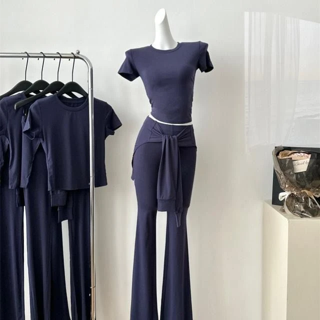 休闲运动套装女藏青色简约短袖T恤设计感假两件拼接绑带修身长裤