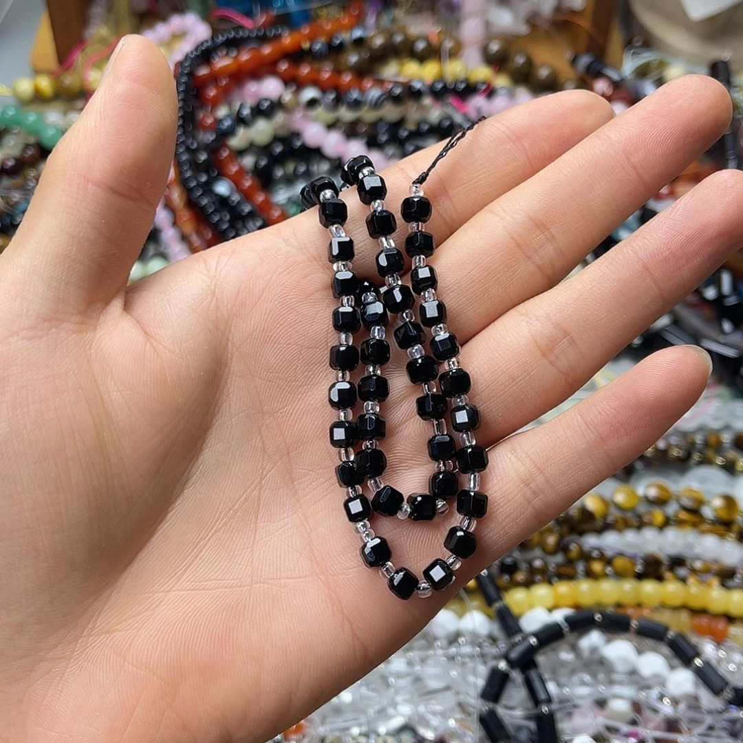 玛瑙/玉髓未镶嵌珠宝半成品卡5黑玛方糖一条