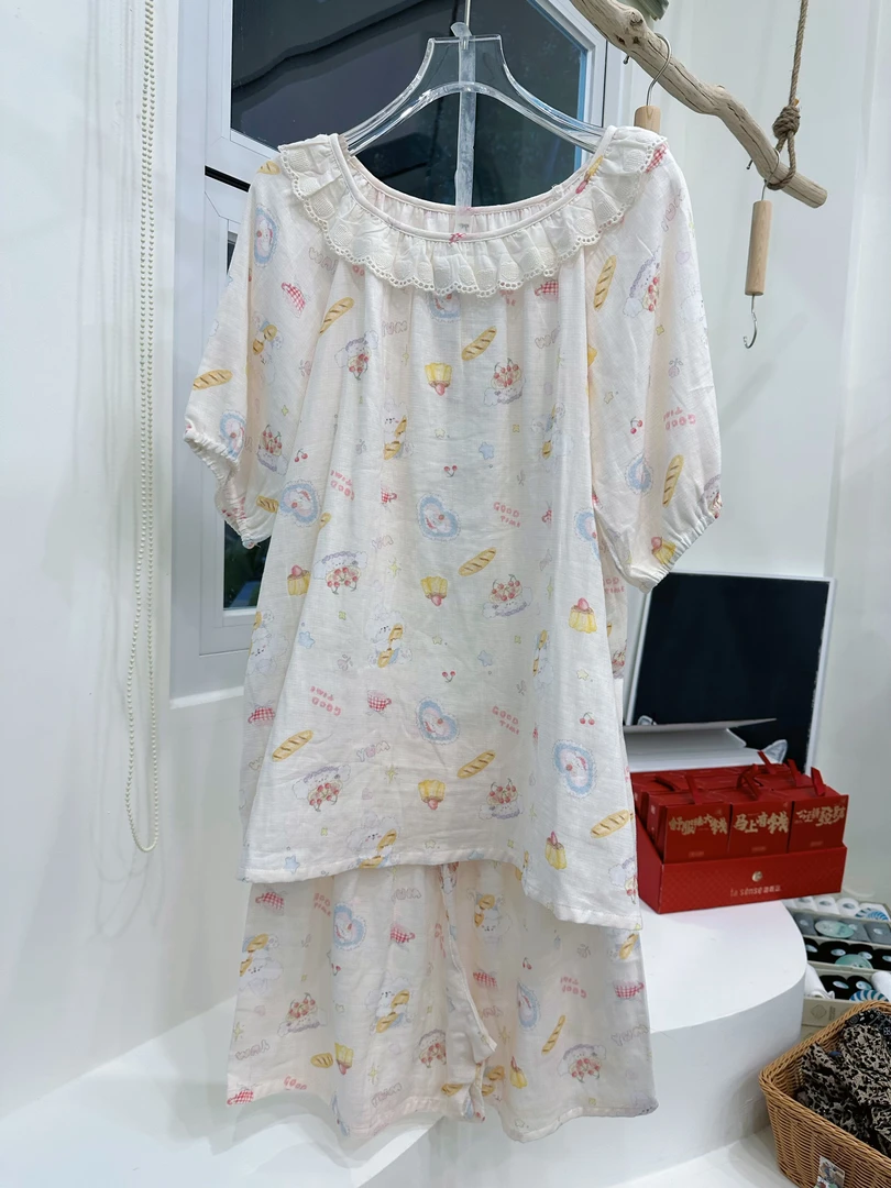 双层纱全棉棉纱短袖短裤套装圆领花边两件套夏季睡衣蕾丝