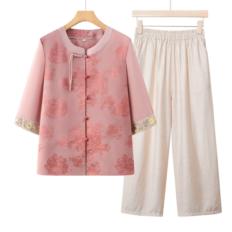 时尚印花中老年女装七分袖衬衫春夏季洋气开衫妈妈装宽松上衣开衫