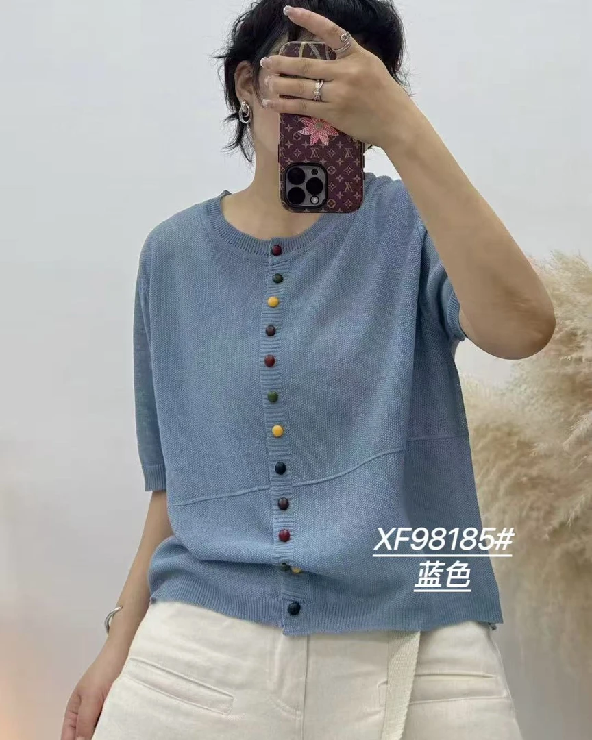 夏季清凉感彩扣设计冰丝麻质感纯色减龄圆领中袖开衫