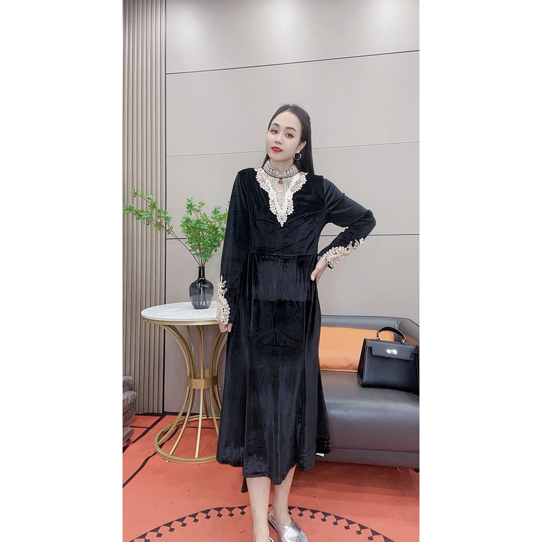 3652 秋冬新款气质中长款连衣裙立体提花花型亮片长裙