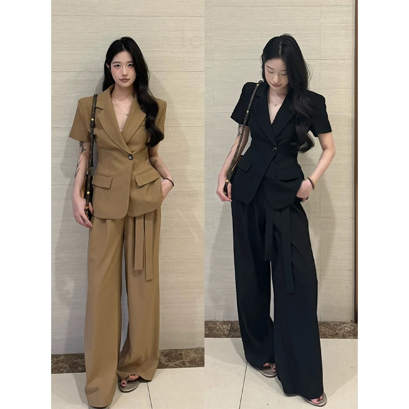 胖mm大码夏季薄款西装套装韩系通勤网红炸街时尚西服两件套200斤