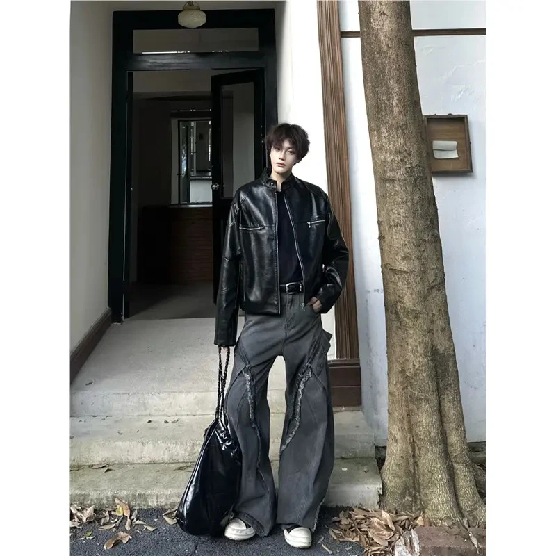 秋上新品美式复古做旧水洗牛仔裤高质感碎边男女宽松休闲长裤