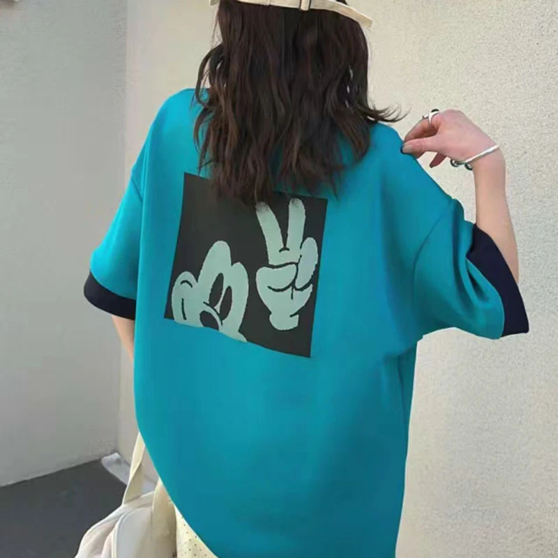 25X205新款短袖撞色大版圆领休闲米奇T恤时尚大码宽松韩版百搭ins