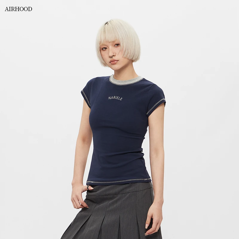 AIRHOOD 撞色设计感小众复古圆领t恤女修身显瘦常规短袖上衣N5190