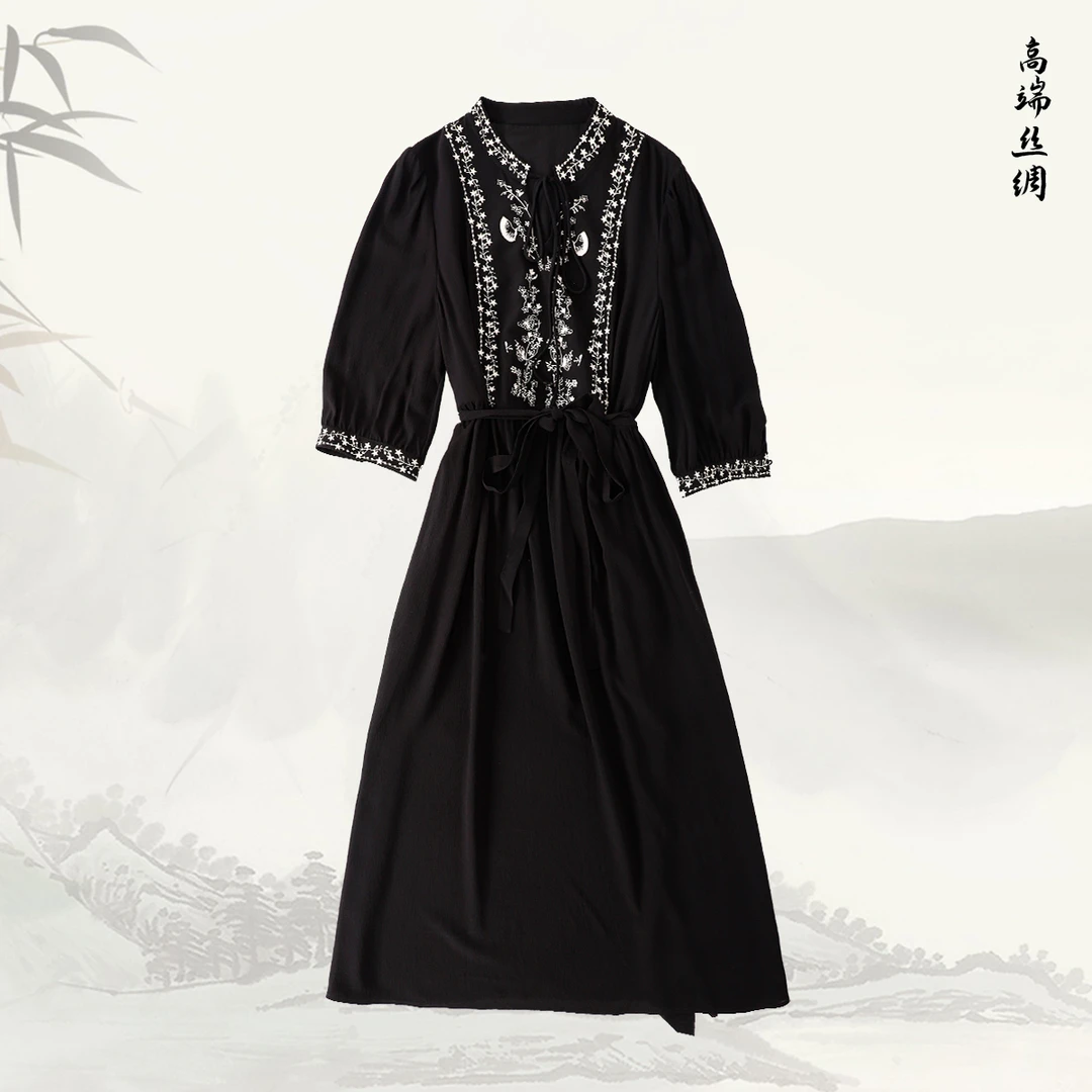 【绣影绘心】品牌新款刺绣温柔气质宽松七分袖桑蚕丝连衣裙519866