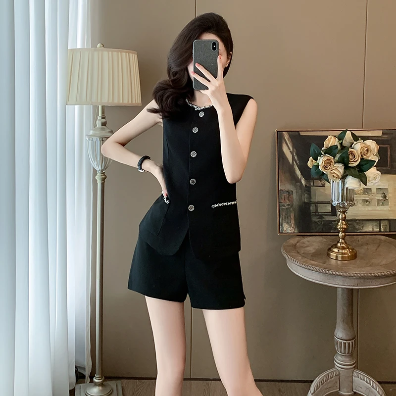 夏季法式时尚无袖收腰小香风套装女洋气轻奢御姐风气质短裤两件套