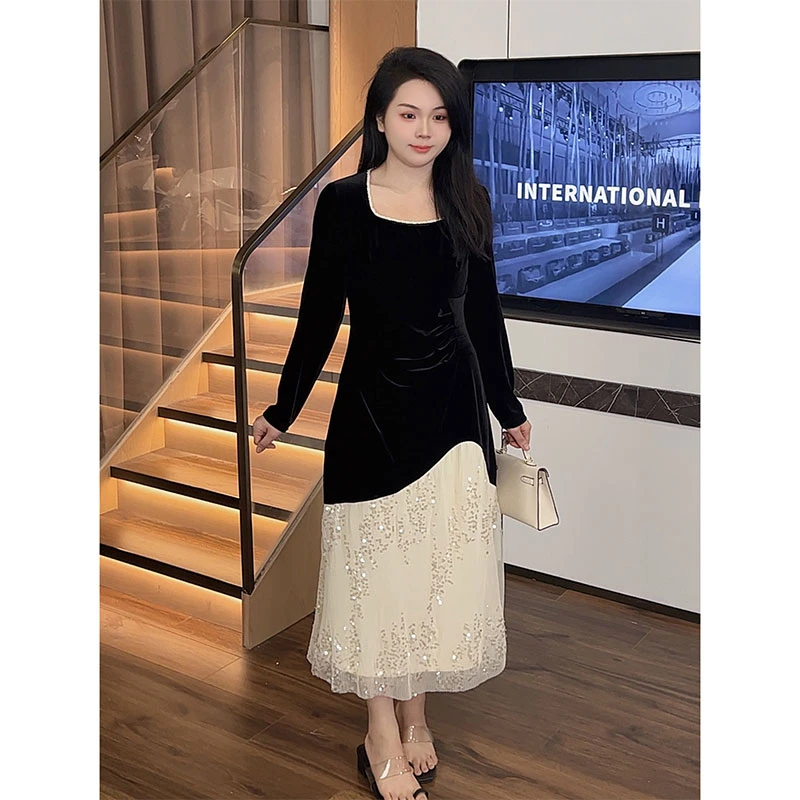 微胖定制【DDM1055】法式名媛显瘦赫本方领拼接连衣裙