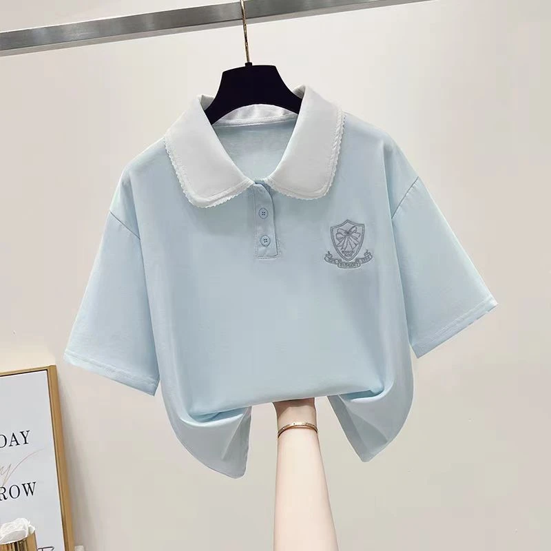 女童2025新款夏季短袖T恤中大童娃娃领纯色上衣中学生修身洋气潮