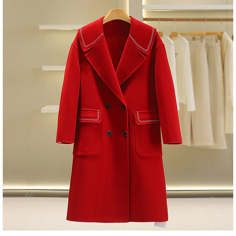 【伍莎-自营】大翻领双排扣中长款双面呢外套#WYX48B078