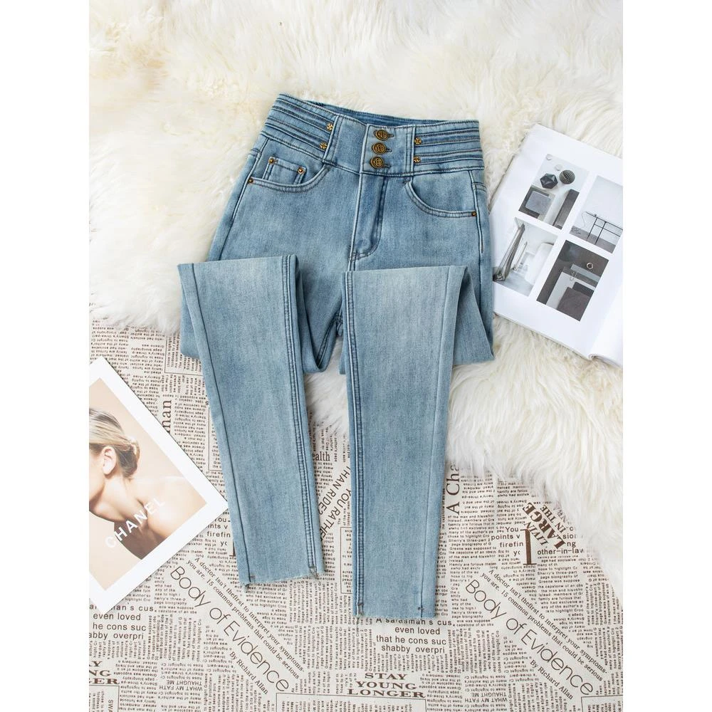 加绒蜜桃臀高腰铅笔牛仔裤女秋冬新款百搭显瘦弹力修身小脚裤女潮