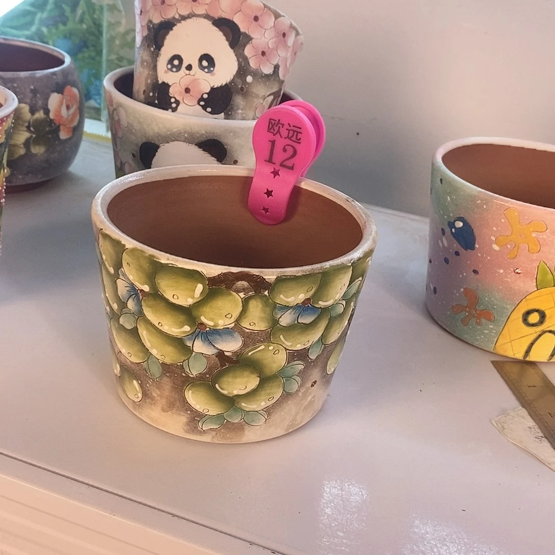 红泥花盆張*月红陶手绘花盆