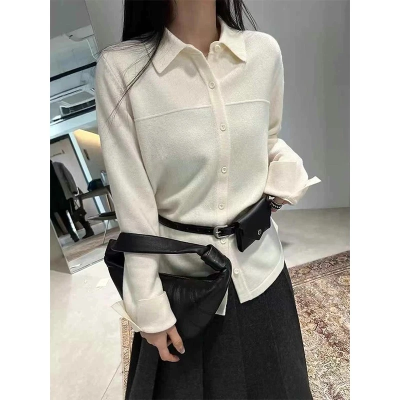 气质显瘦翻领单排扣衬衫式针织开衫女春季新款宽松polo领纯色外套