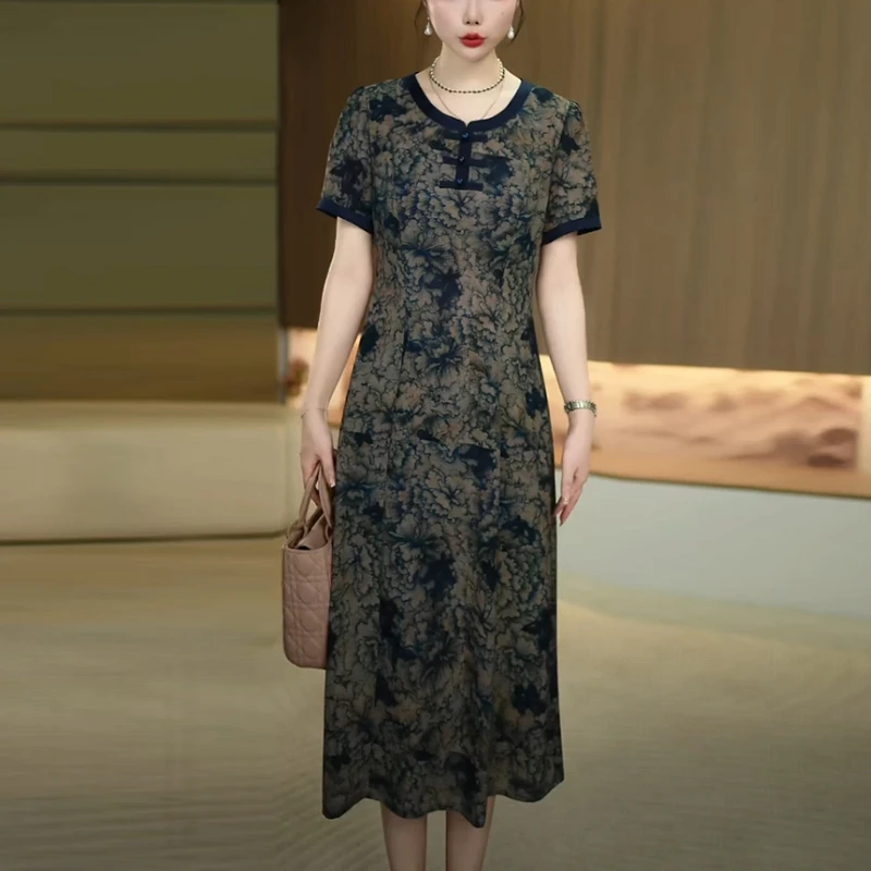 芙蓉丝中式国风2025夏季新款时尚复古端庄优雅气质中长款连衣裙子