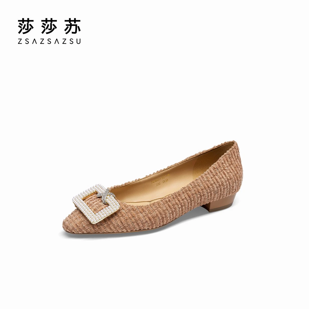 亿点珠光莎莎苏春秋方扣尖头雅丹风平底女单鞋晚晚鞋ZA54501-12