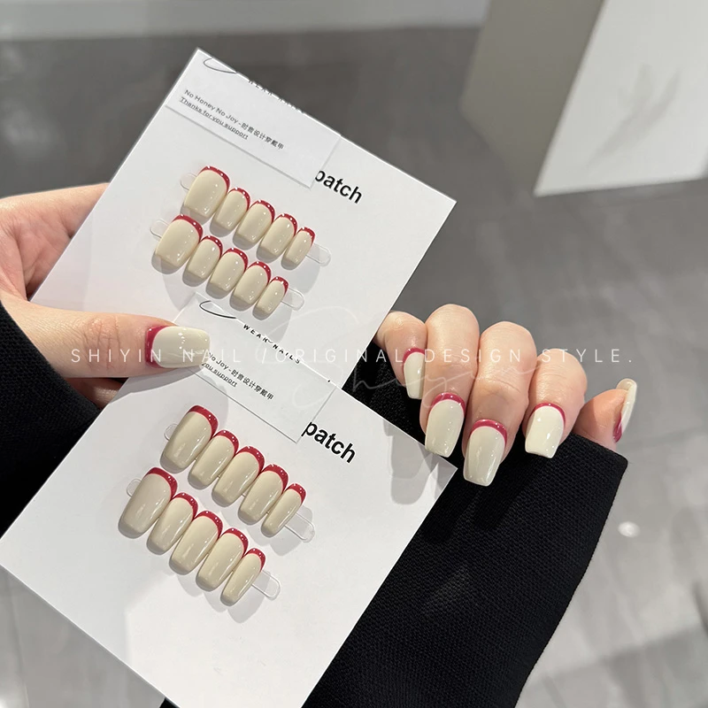 A331 甜妹后法式穿戴甲时音纯手工美甲可拆卸奶油风显白指甲贴