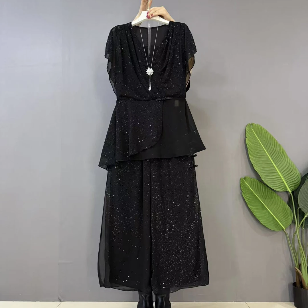 新款大码女装时尚气质V领亮闪闪设计感上衣十阔腿裤两件套套装