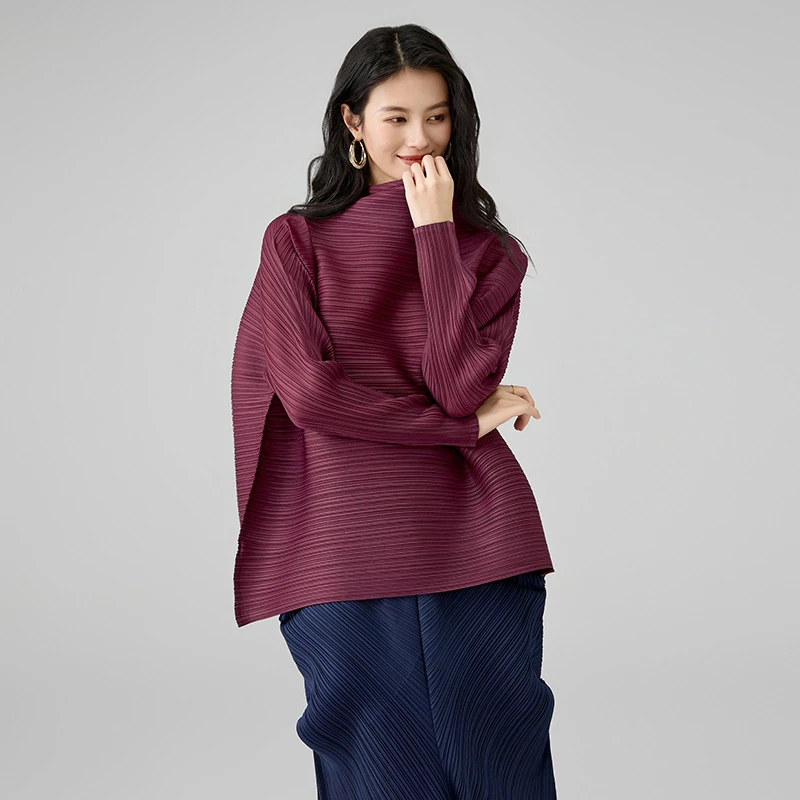 三宅2025款褶皱休闲风长袖a字围巾领时尚宽松纯色码t恤