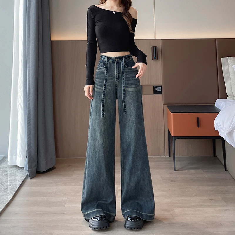 复古弹力大喇叭牛仔裤女士2025秋季新款梨型身材慵懒风宽松阔腿裤