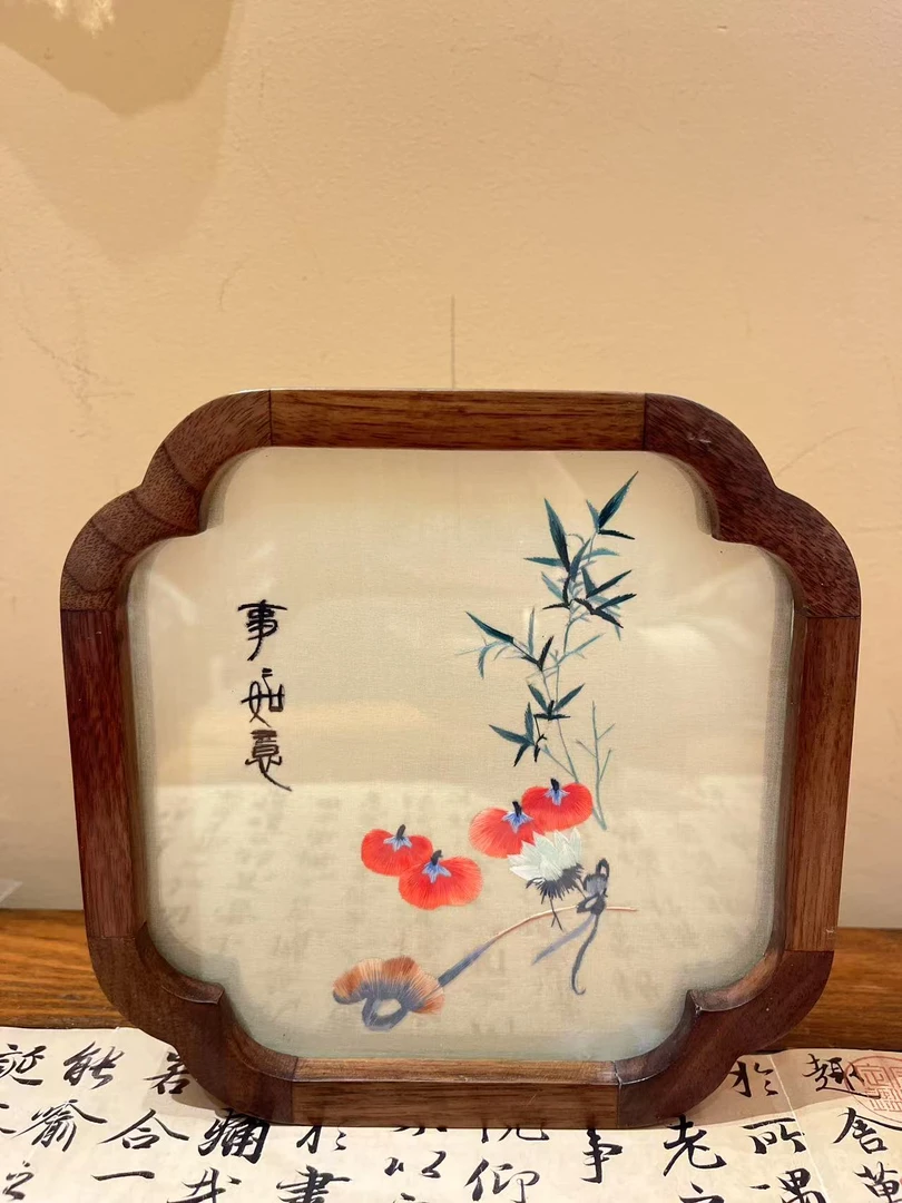 事事如意窗花形摆台 苏绣双面刺绣屏风纯手绣高档工艺品精品摆件